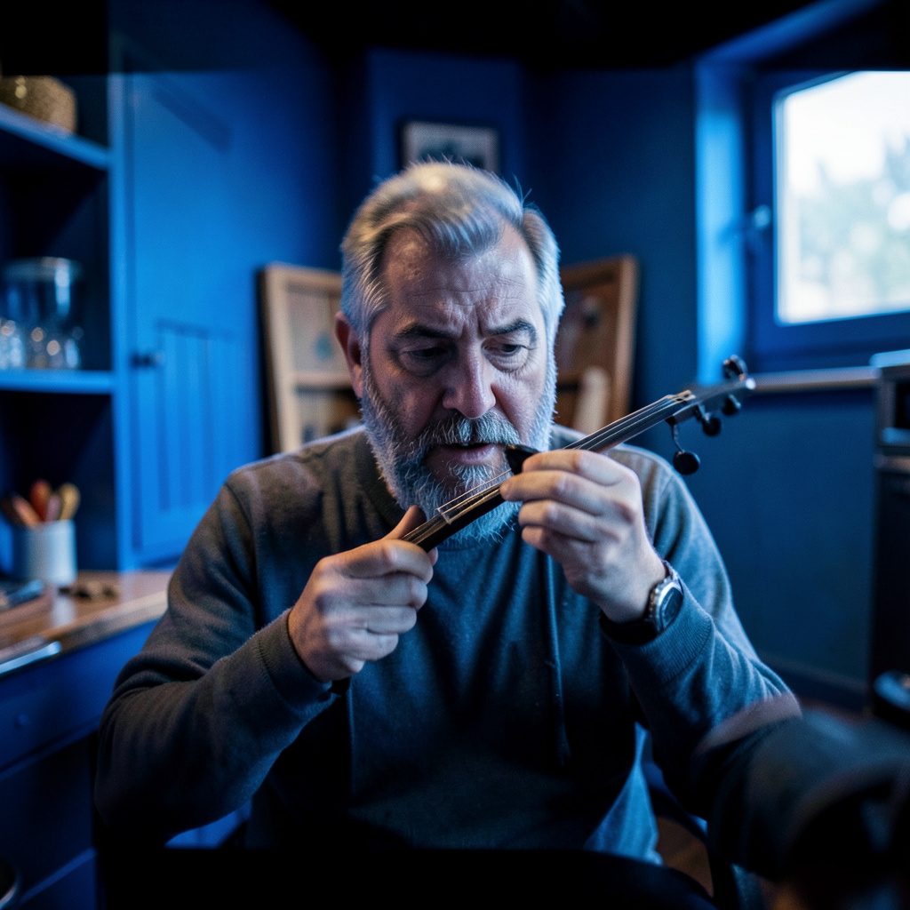 En musiker med stränginstrument fotograferad i dämpat varmt ljus med djupa skuggor